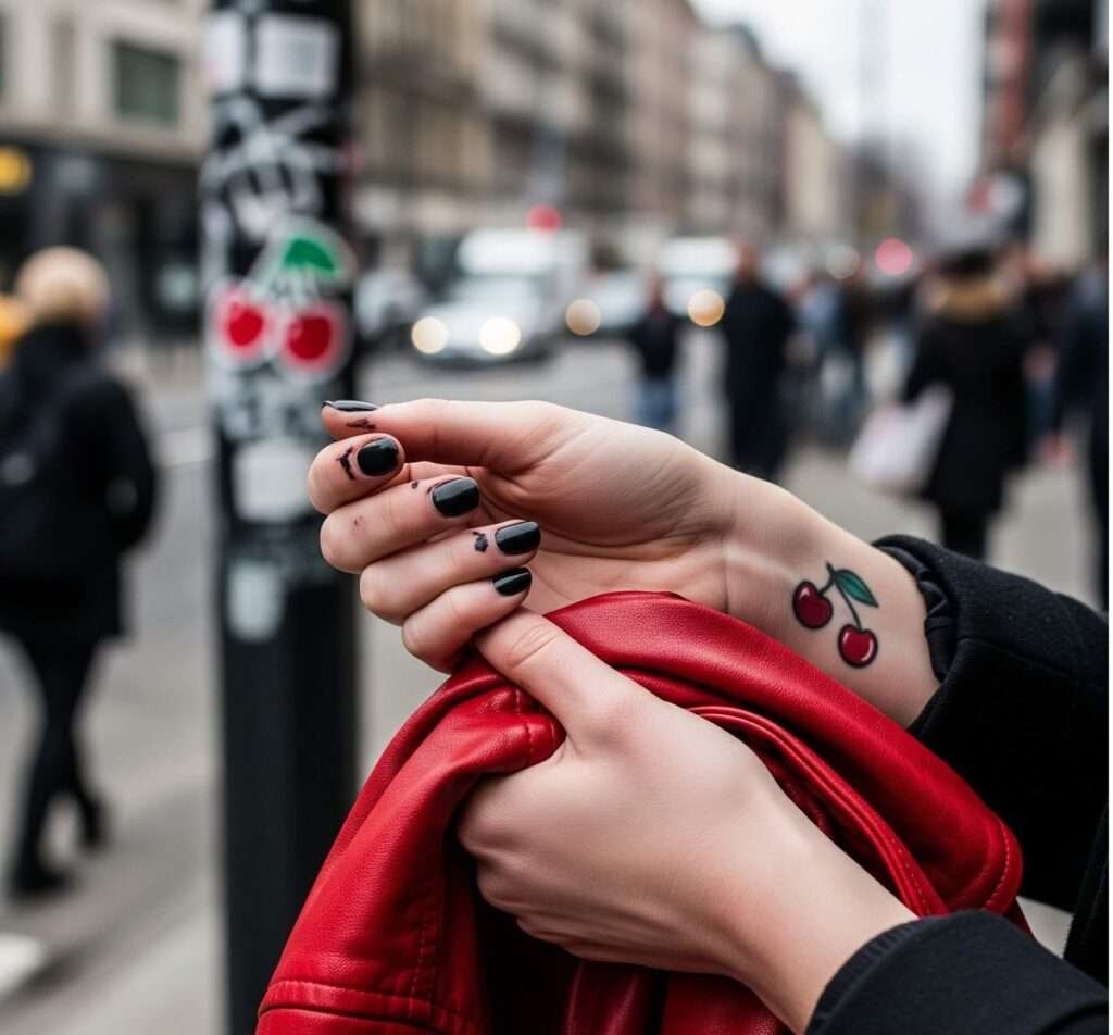Urban Commute: Cherry Tattoo & Leather Jacket Close-up