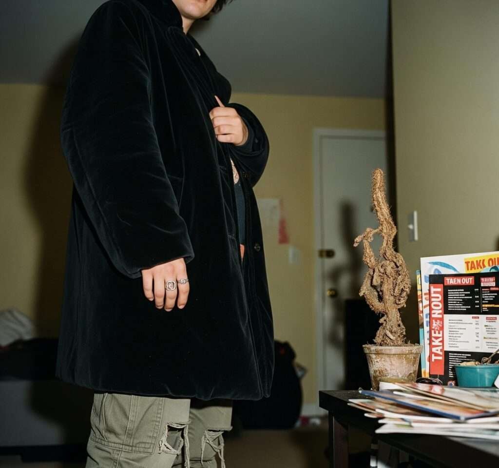 Chaotic Neo-Medieval Fit: Thrifted Velvet, Ripped Cargos, Dying Cactus