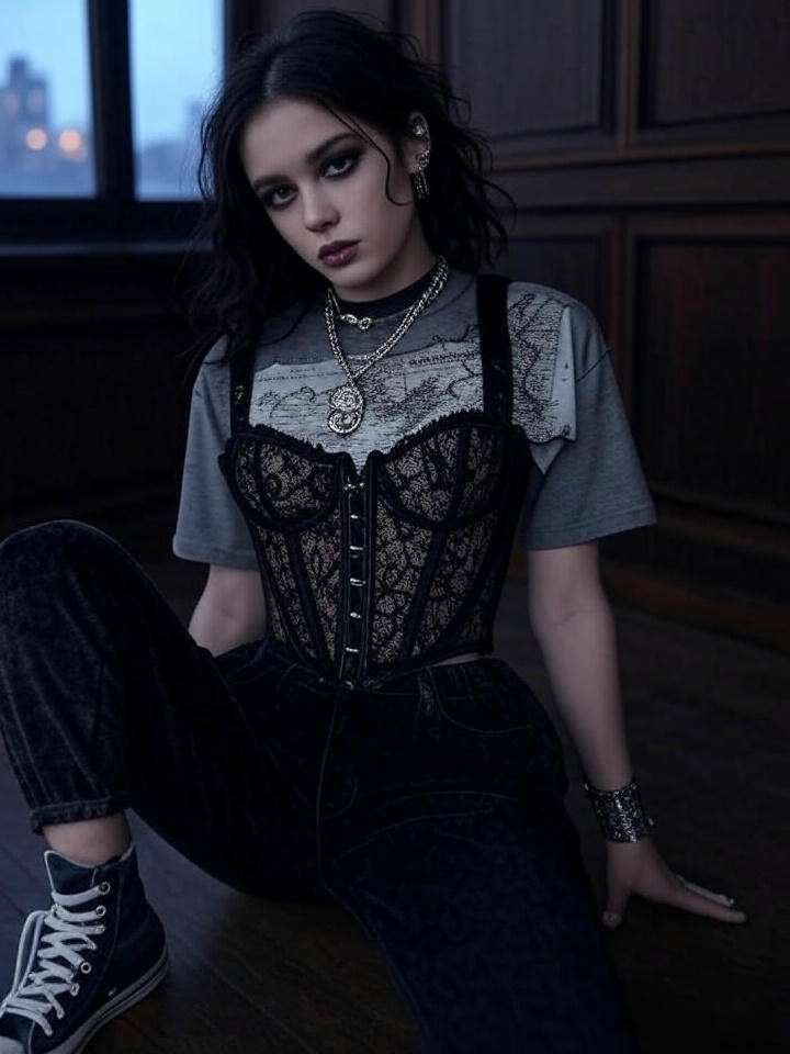 A person wears a black lace corset over a graphic tee, paired with dark jeans and sneakers, accessorized with gothic jewelry, showcasing a modern Neo-Medievalism look in a moody indoor setting.