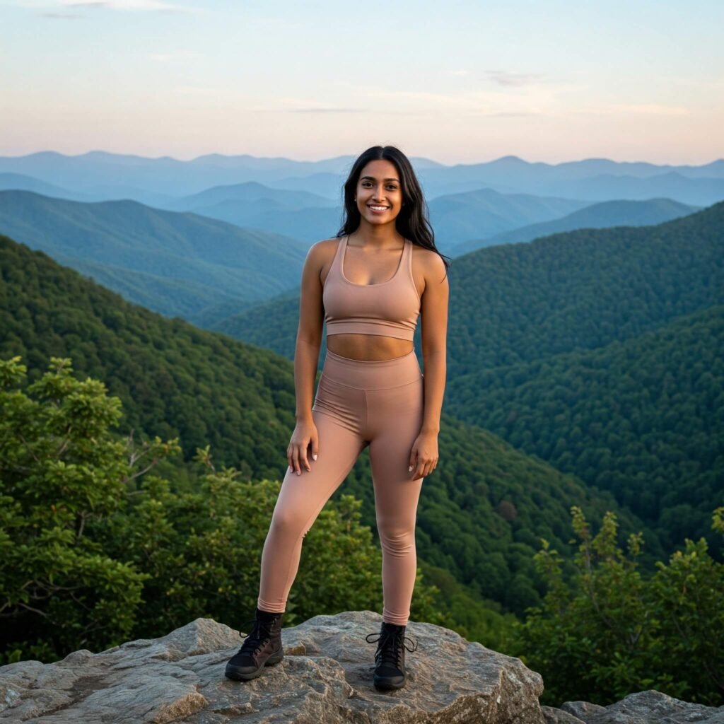 Hiker in matching set, Asheville views