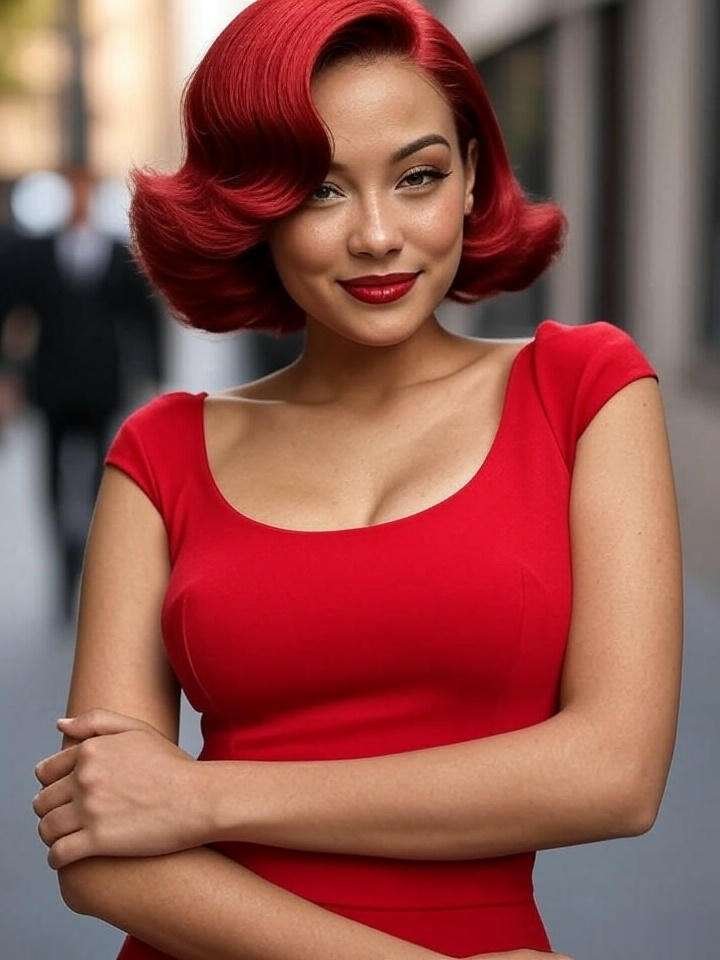 Woman with cherry red hair and dress, exuding confidence and main character vibes in 2025's bold it-girl shade.