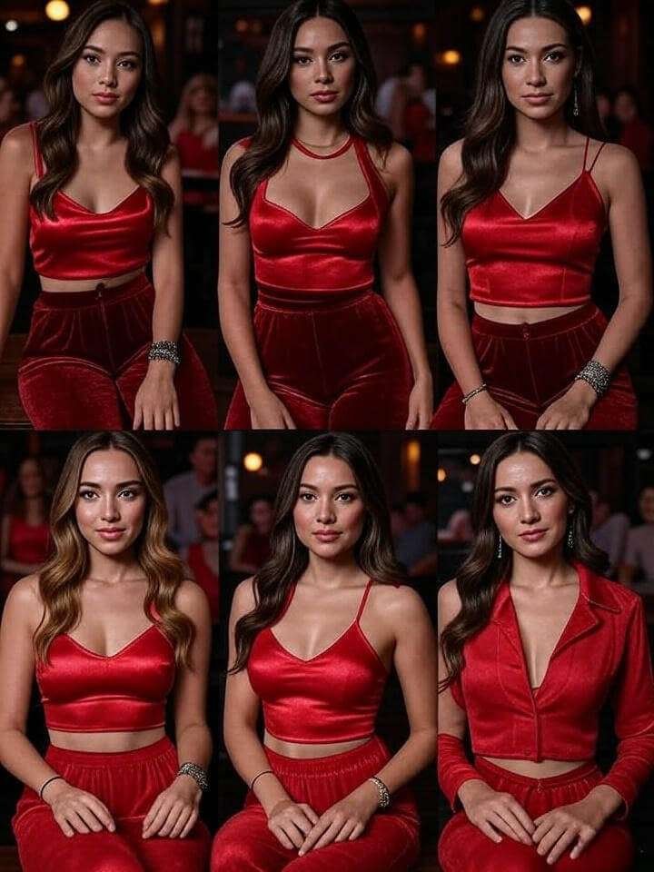 Collage of nine all-red outfits with mixed textures like satin tops and velvet pants, paired with neutral accessories, under a bold "All-Red Everything (For the Fearless)" headline, perfect for dates and girls' nights.