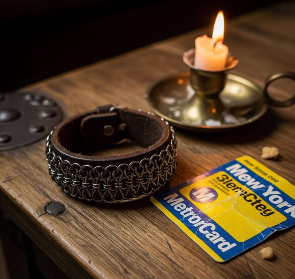 Vintage Chainmail Bracelet on Coffee Table with Candle and MetroCard