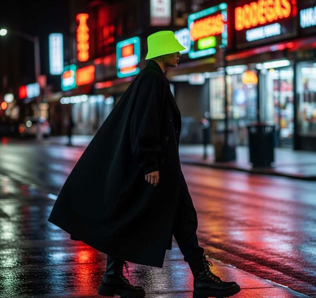 Wet Street Style: Flowing Coat, Combat Boots, Neon Hat