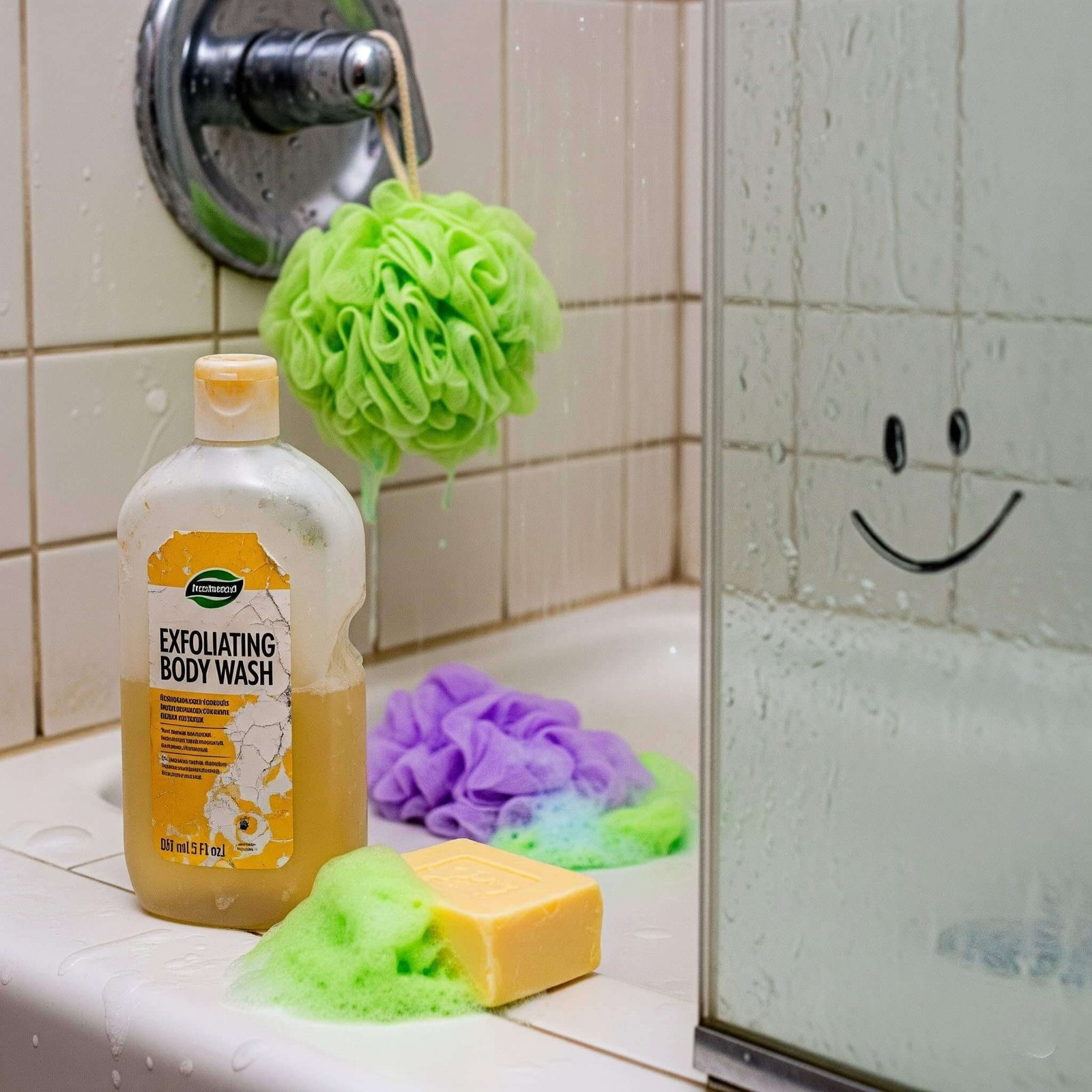 Blurry shower scene with beat-up body wash