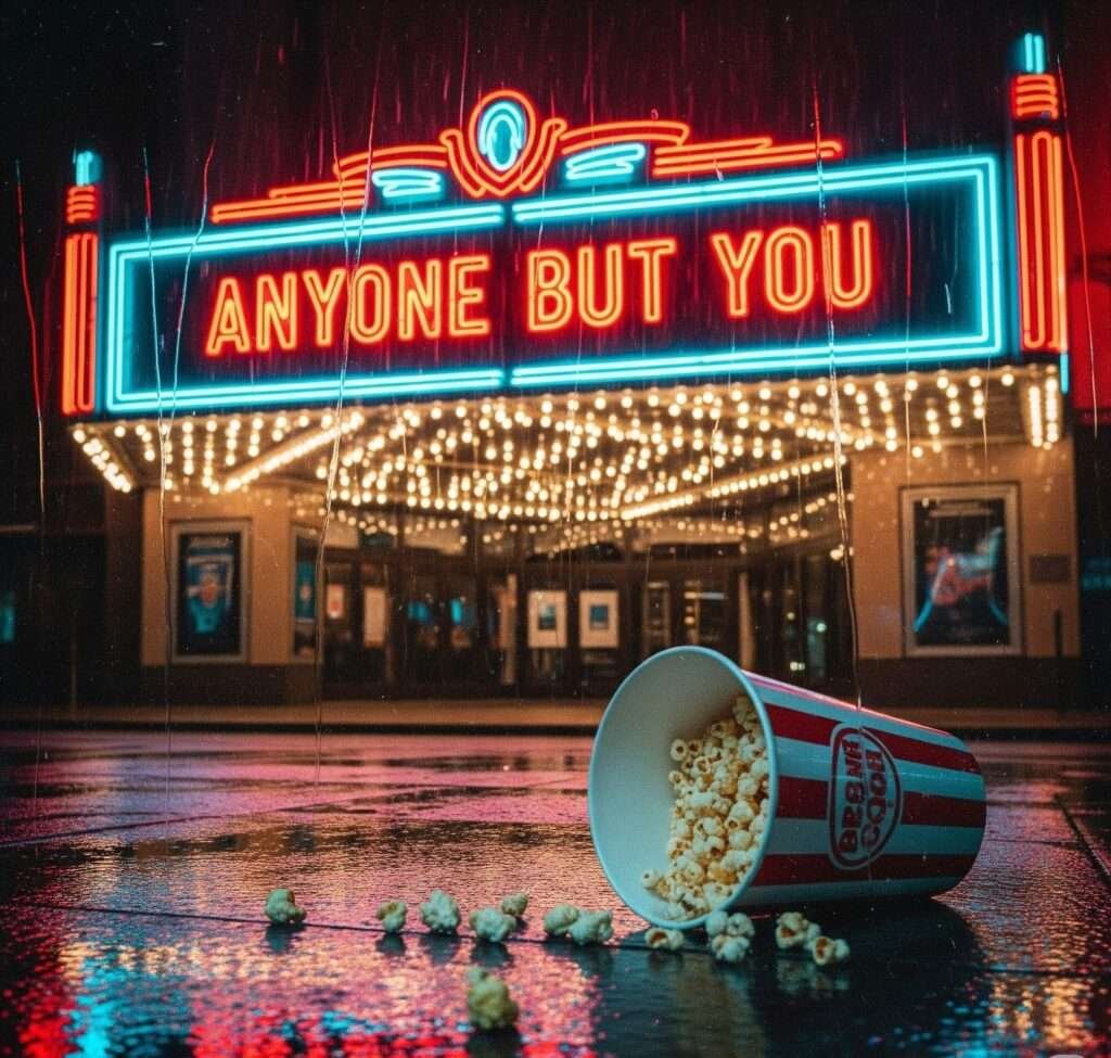 Neon-Lit Movie Marquee: Anyone But You and Popcorn Spill