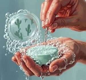 My shaky hands and a solid cleanser bar with a cactus in the bubbles