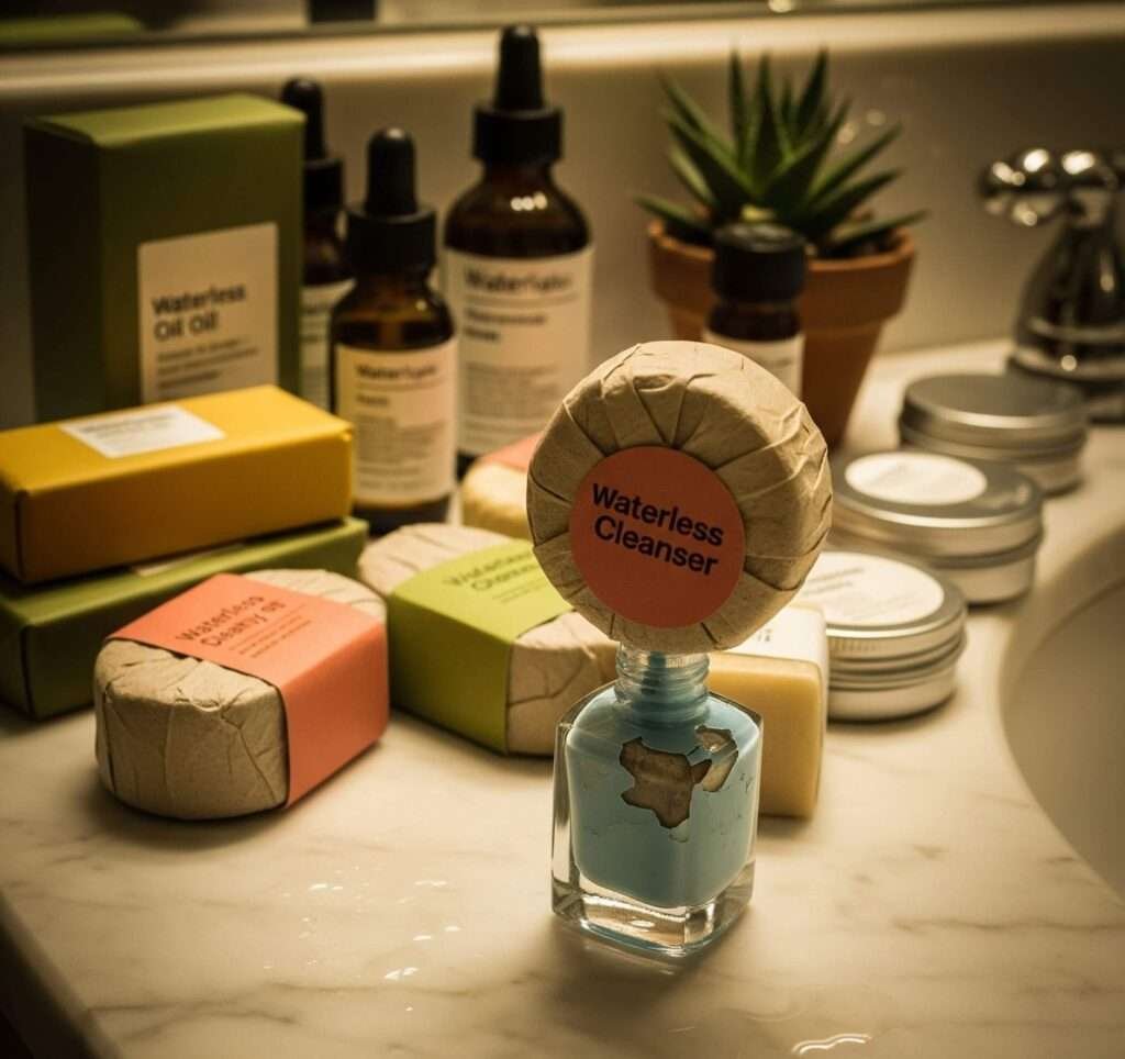 Waterless Beauty Products: Cluttered Bathroom Counter