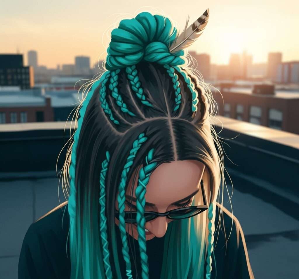 Boho Braids with Teal Yarn & Feather - City Rooftop.