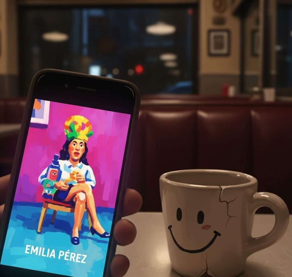 Emilia Pérez Film Still: Digital Art in a Diner