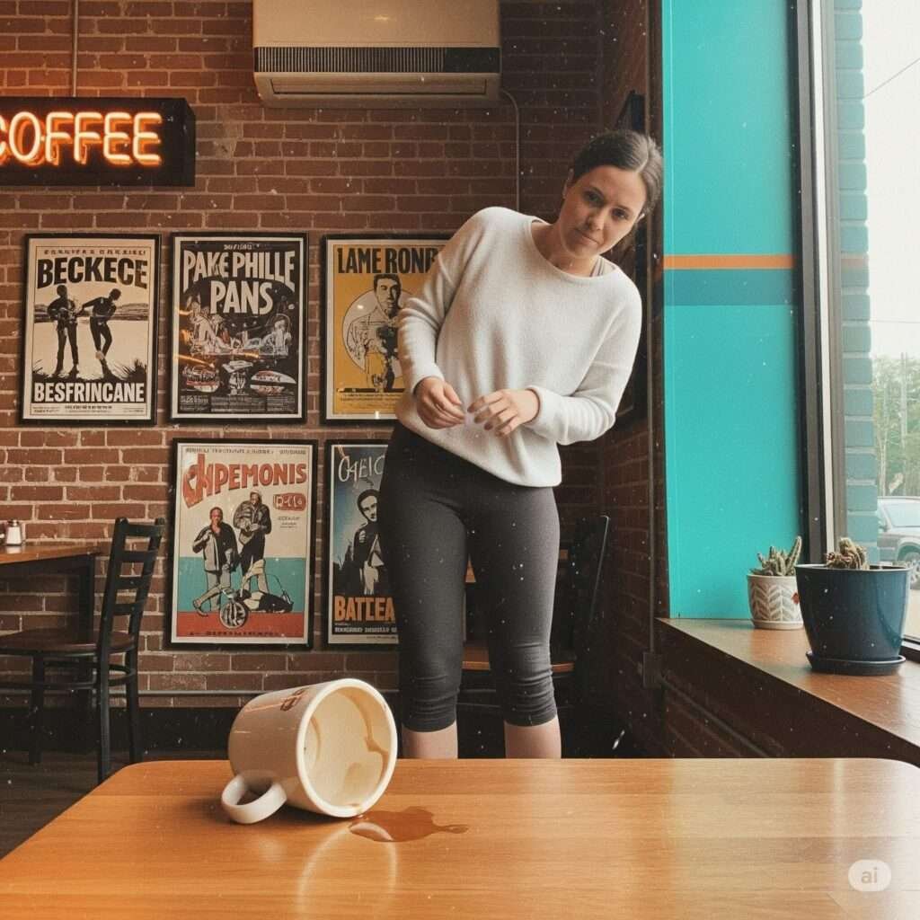 Philly Coffee Shop Awkward Pose - Retro Vibe with a Spilled Mug