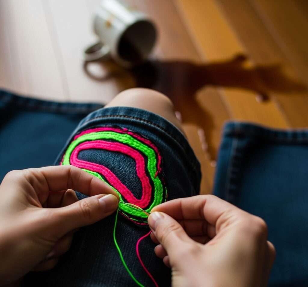 DIY Fashion: Hands Stitching a Neon Patch on Capris.