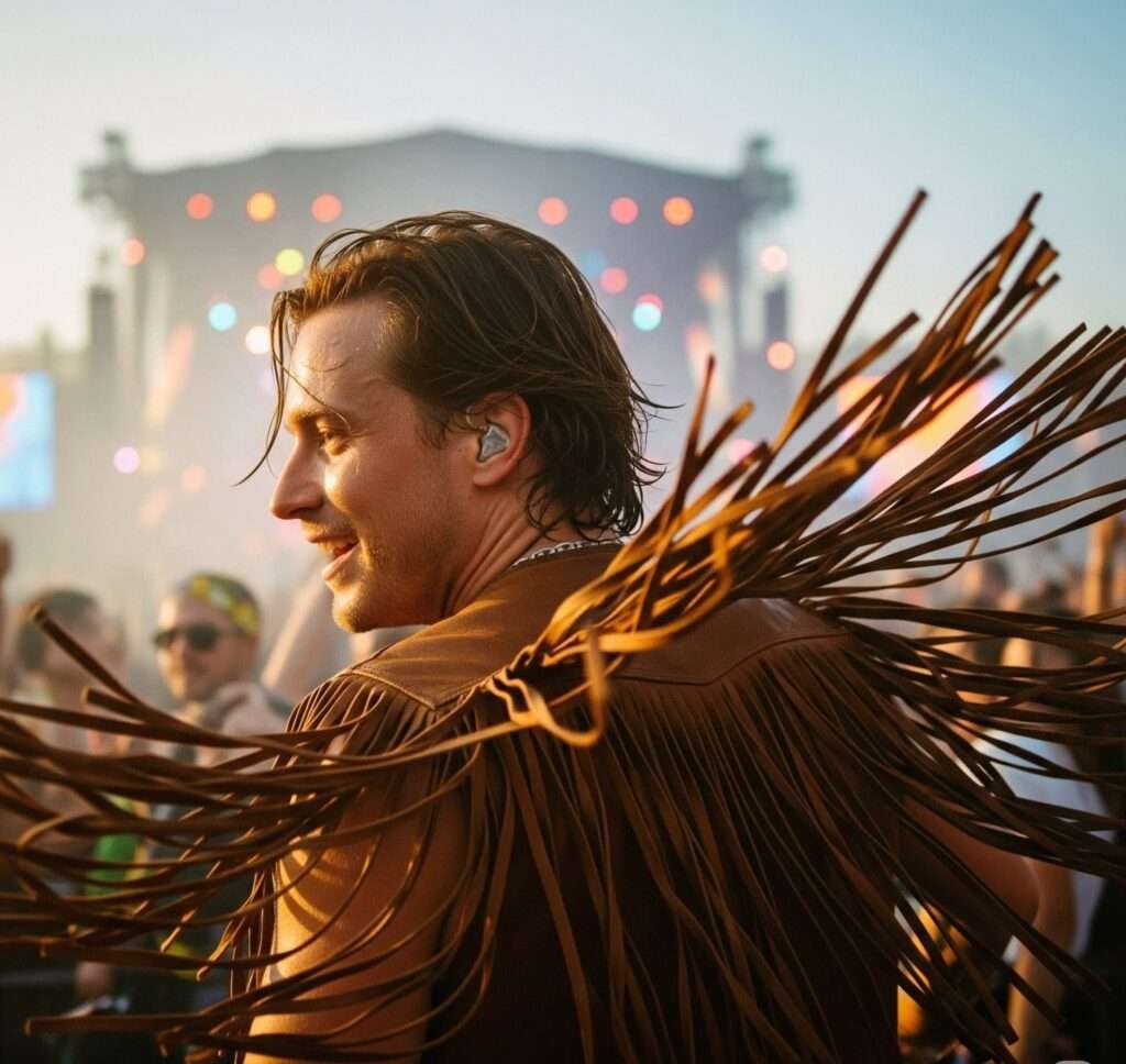 Grainy Festival Shot of Celeb in Fringed Vest