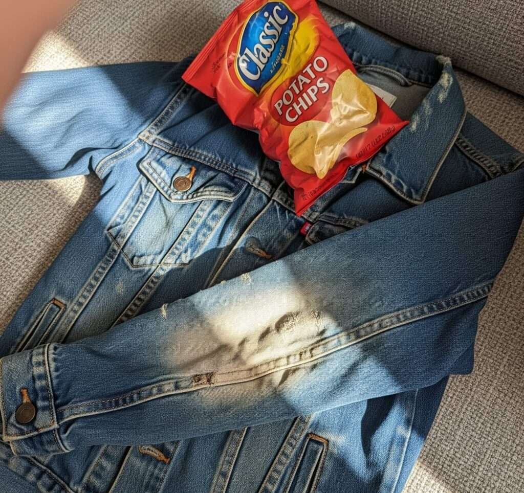Worn Denim Jacket and Crumpled Chip Bag on Couch