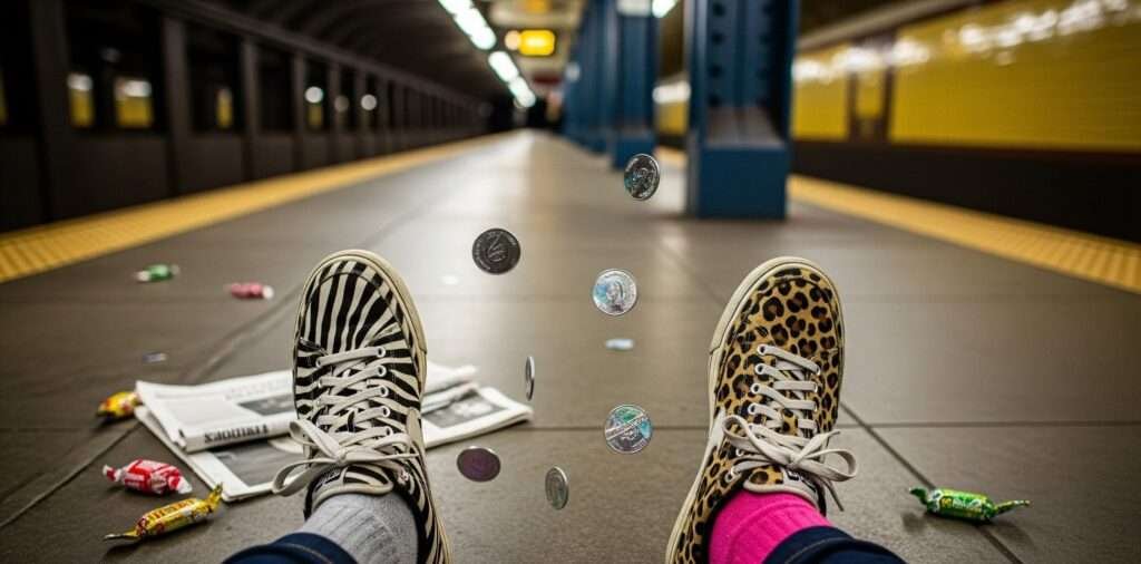 Mismatched Sneakers on NYC Subway Platform