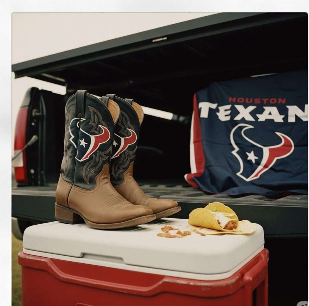 Tailgate party: Houston Texans cowboy boots and a half-eaten taco.