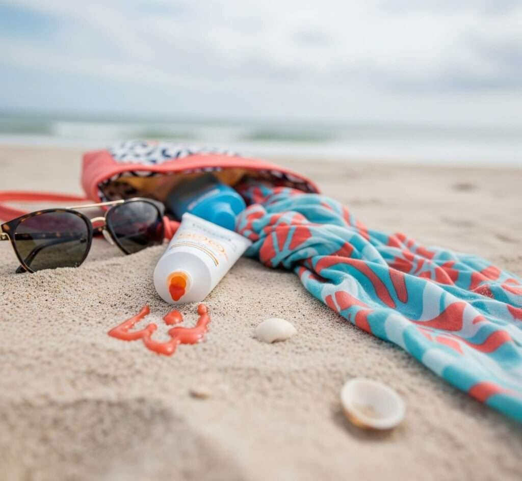 Dumped Beach Bag Essentials on Sand