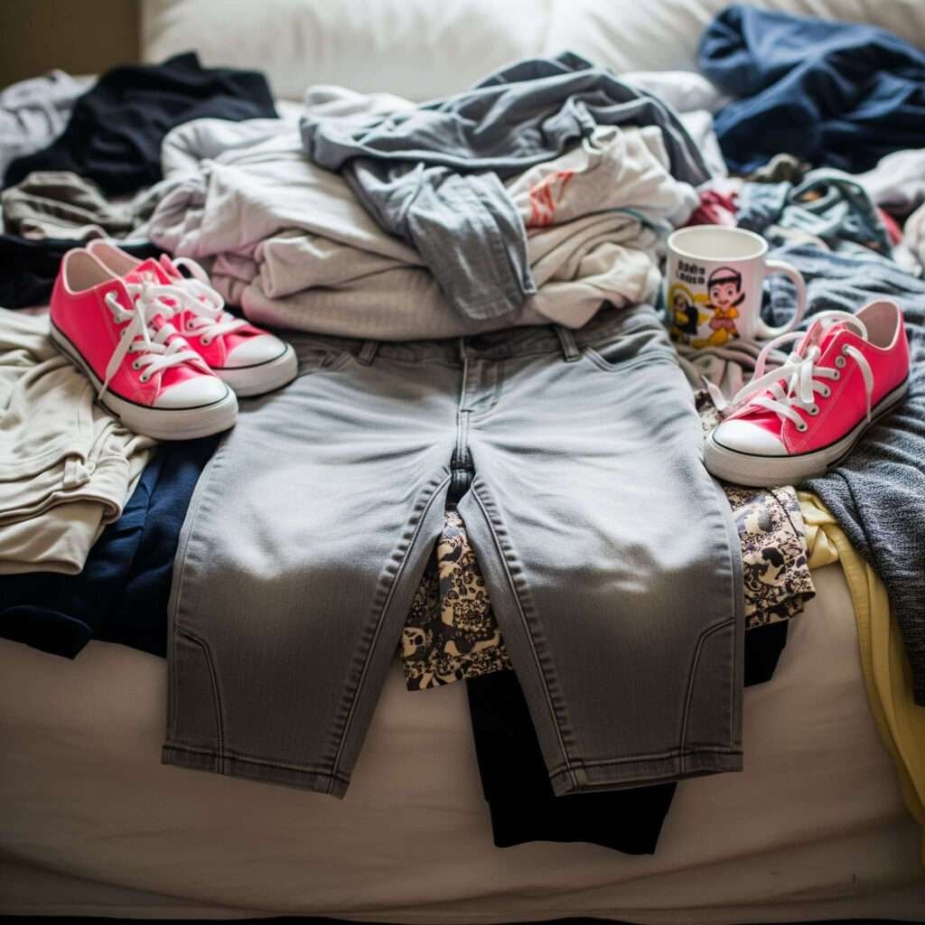 Cluttered bed with capris, neon sneakers.