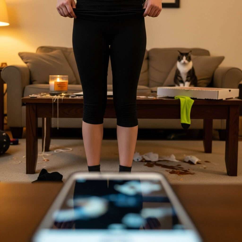 Portland living room capri leggings try-on.