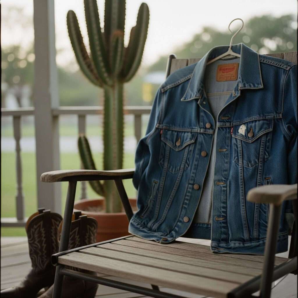 Thrifted denim jacket, porch chair, cowboy