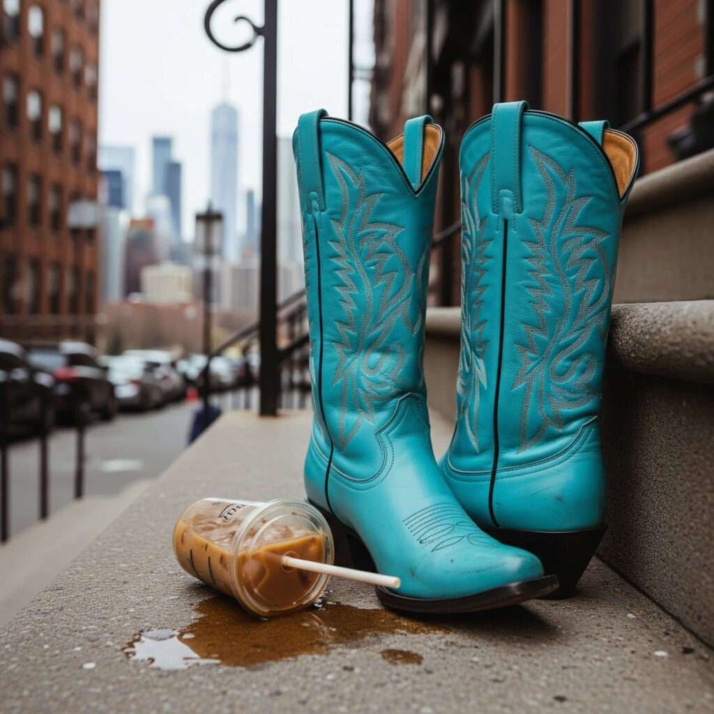 Turquoise cowboy boots and spilled coffee.
