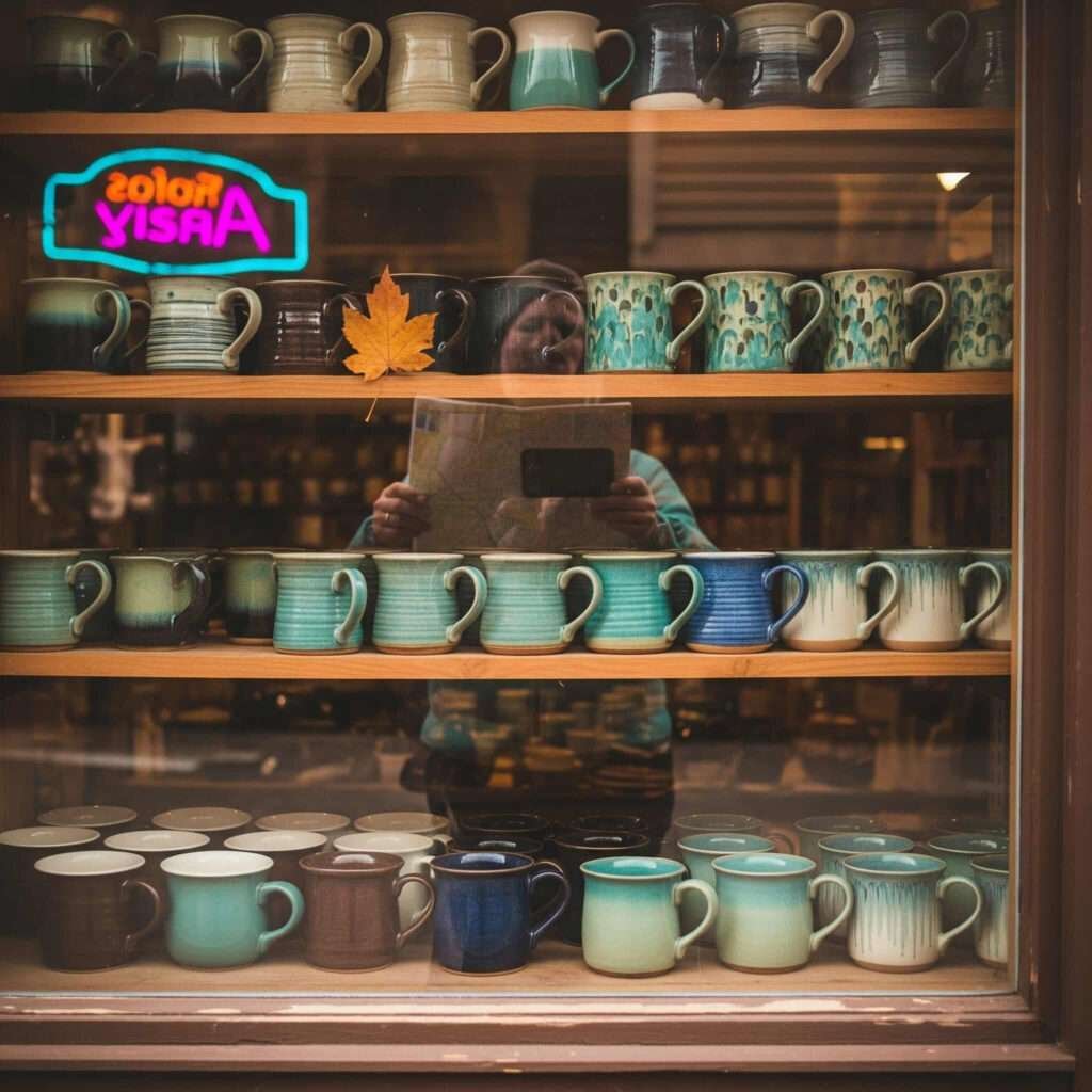 Gatlinburg pottery shop with colorful mugs,