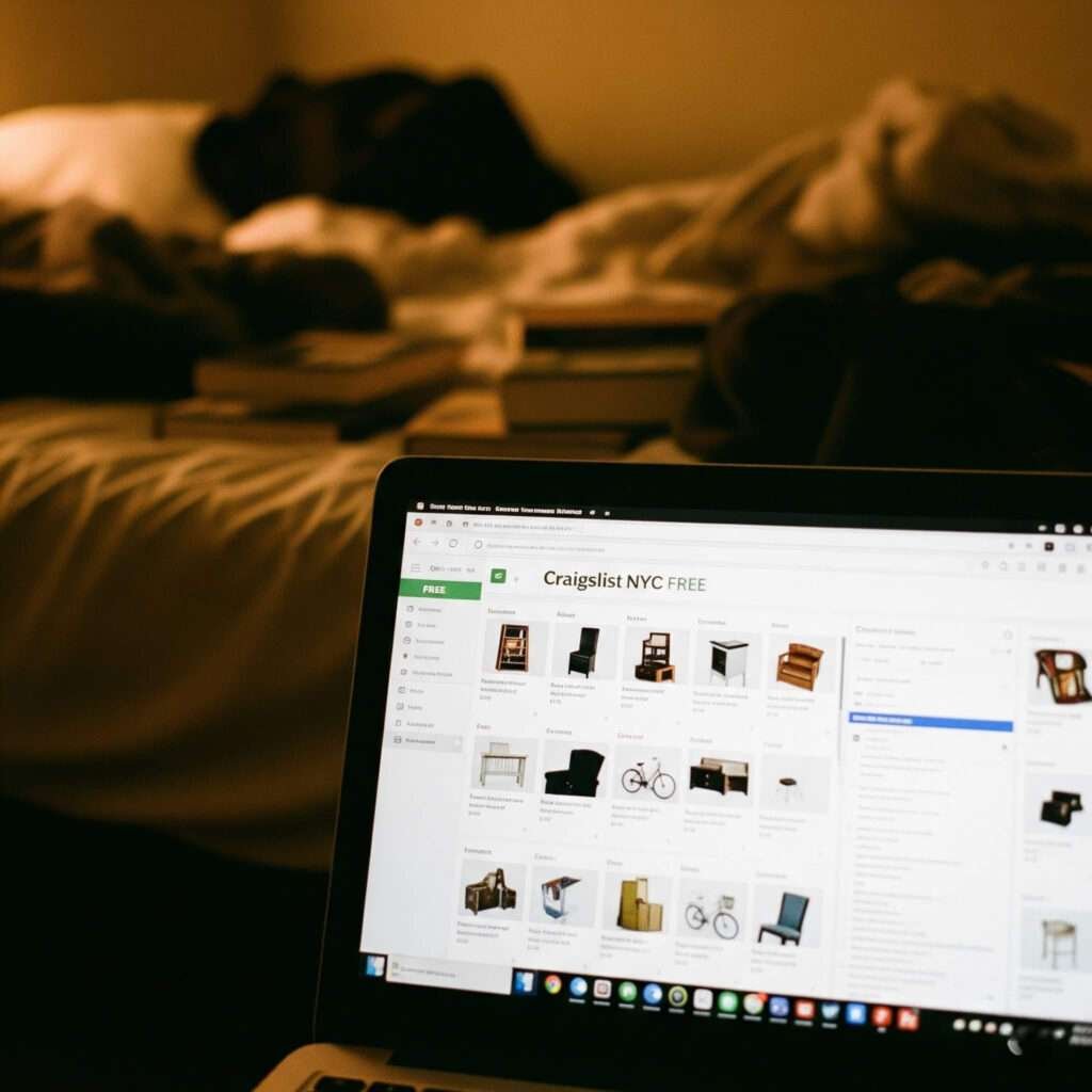 Late-night Craigslist free section on laptop with messy bed.