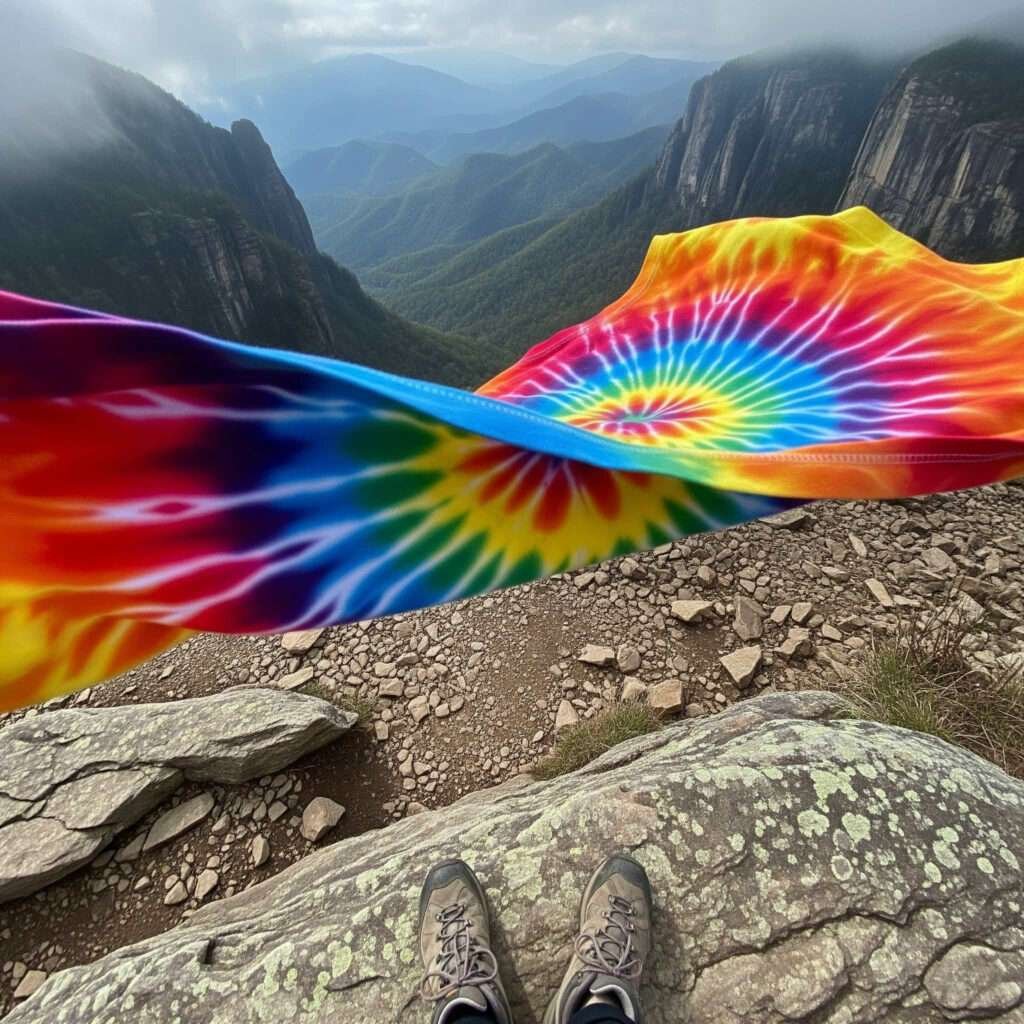 Tie-dye shirt, hiking boots, misty mountains, trail.
