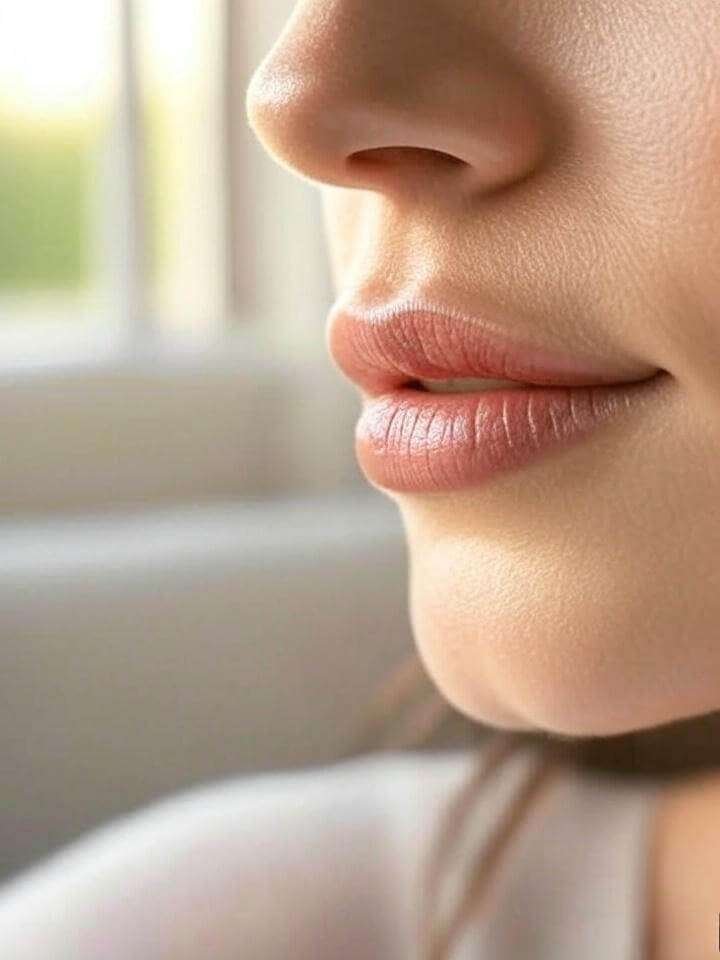 Close-up of lips with a perfect shade, one to two steps darker than natural, using blotting technique for a long-lasting, natural look.