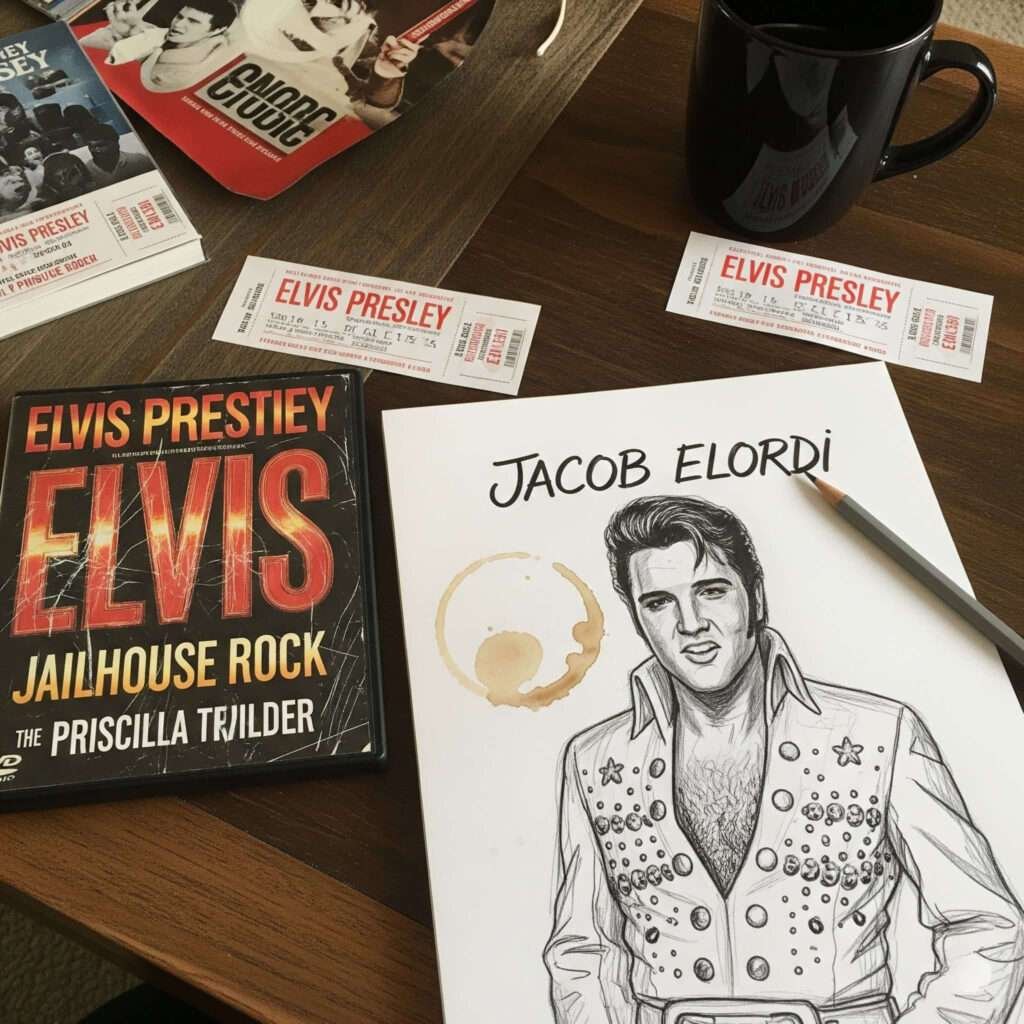 Elvis memorabilia, Jacob Elordi sketch, cluttered table.