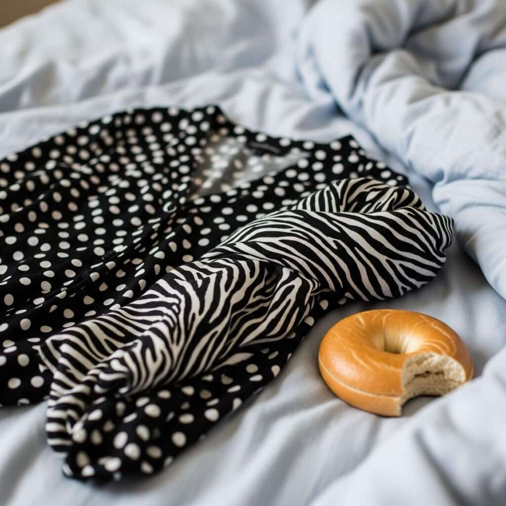 Blurry photo of polka dot blouse, zebra scarf,