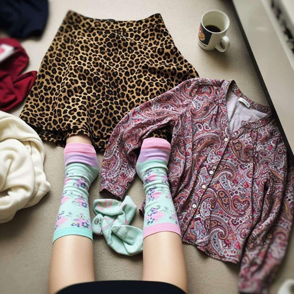 Cheetah & Paisley Outfit on Floor with Mismatched Socks