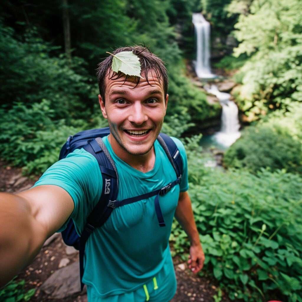 Sweaty hiker selfie on DuPont trail with leaf in hair.