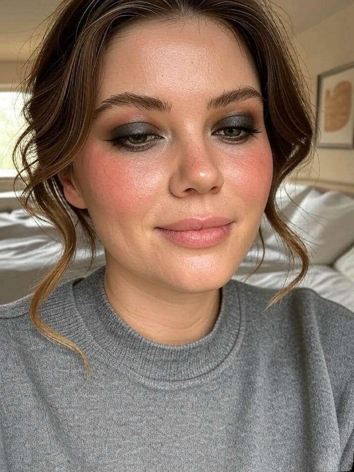 Woman in cozy hoodie with forgiving demure makeup, featuring smoky eyes and a yoga-flush blush.