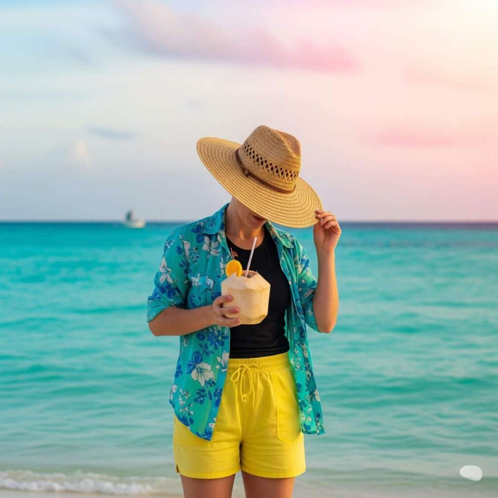 Candid self-portrait: too-big hat, coconut drink, turquoise ocean.