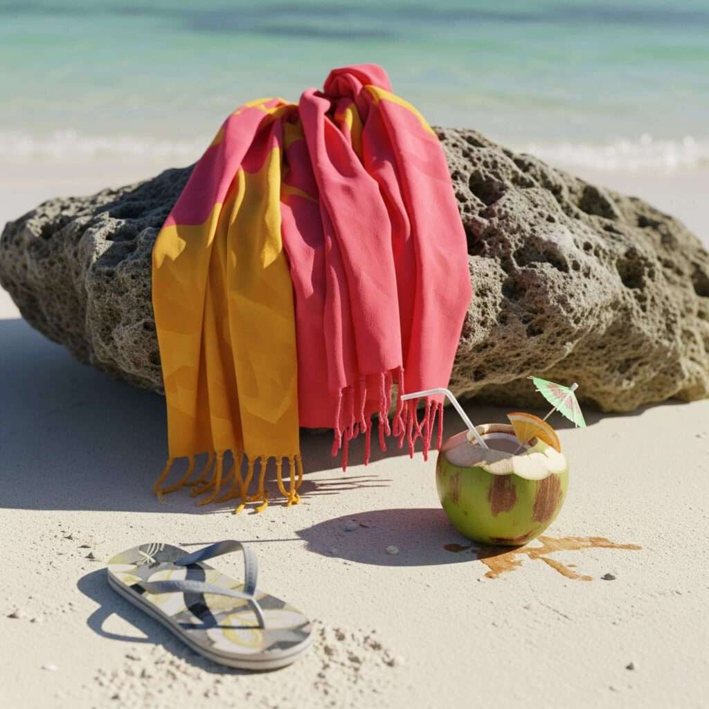 Turks & Caicos beach with sarong, flip-flop, and spilled coconut drink.