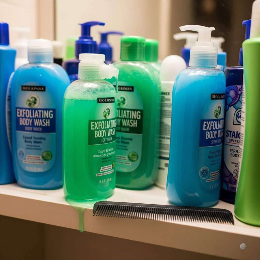 Overcrowded bathroom shelf with body wash