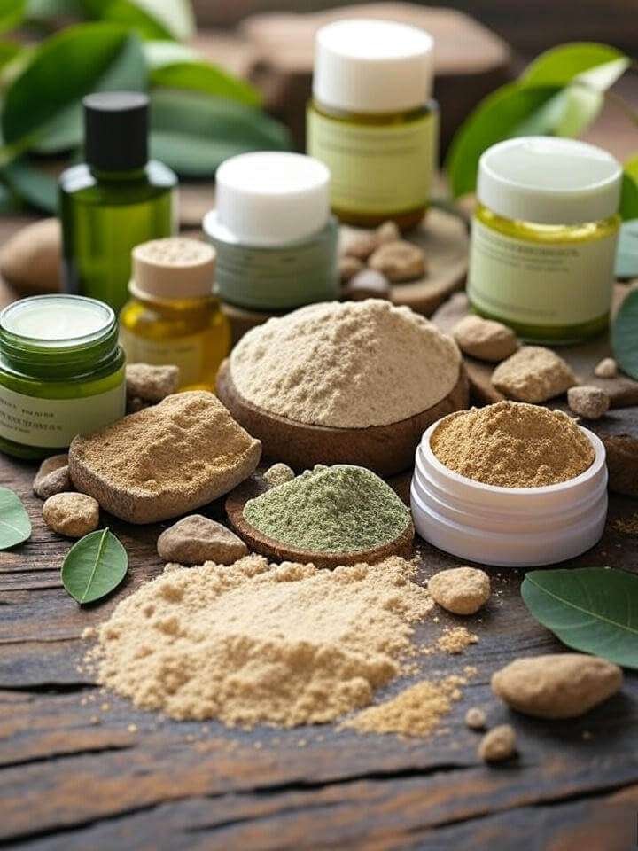 Waterless Skincare Flat-Lay with Powders, Bars, Oils - Eco Beauty"
