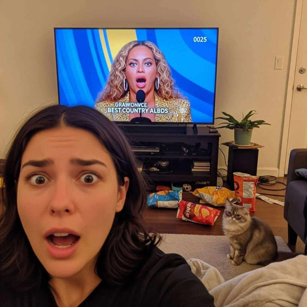 Blurry selfie of fan reacting to Beyoncé's win,