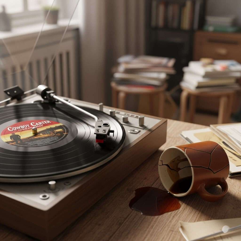 Turntable spinning Cowboy Carter, spilled coffee