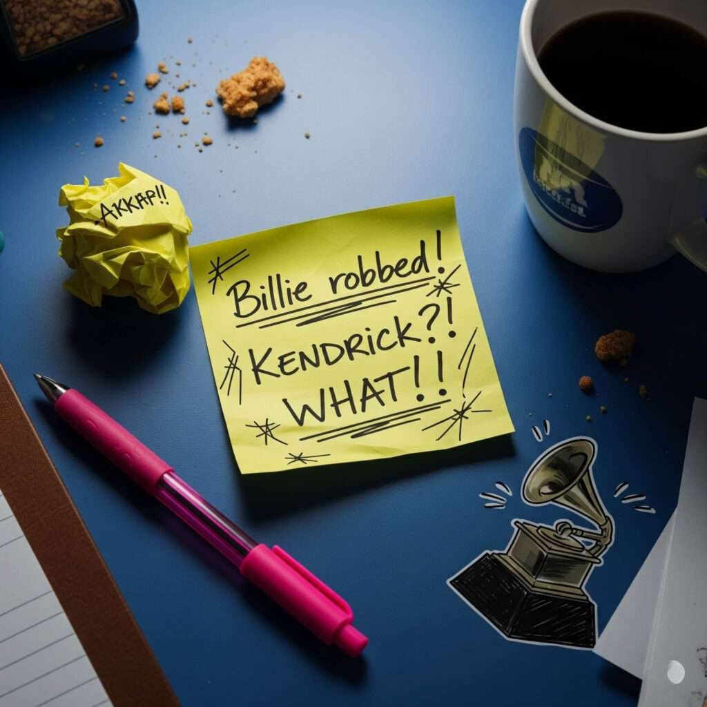 Crumpled sticky note with "Billie robbed!"
