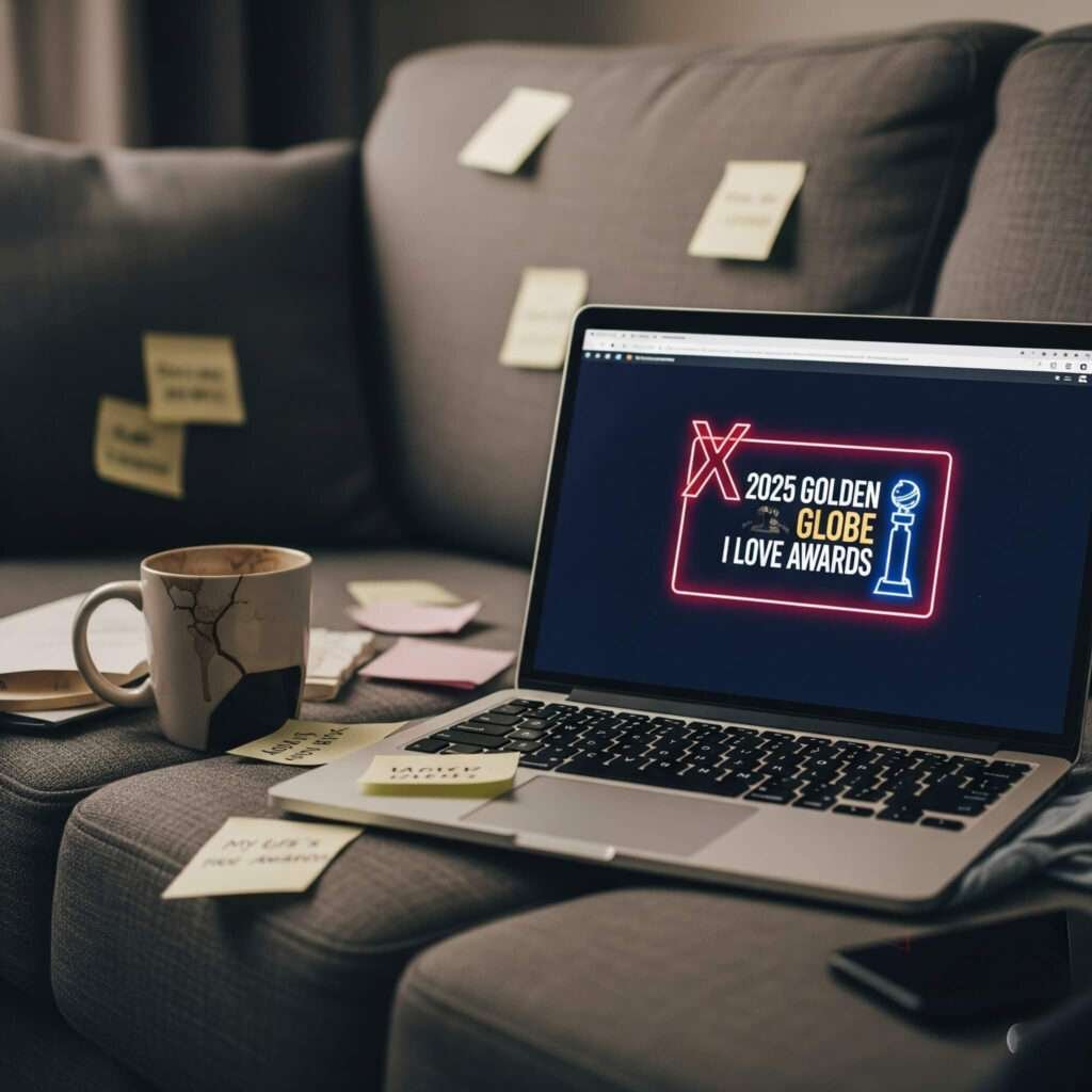 Laptop on couch showing Golden Globes 2025