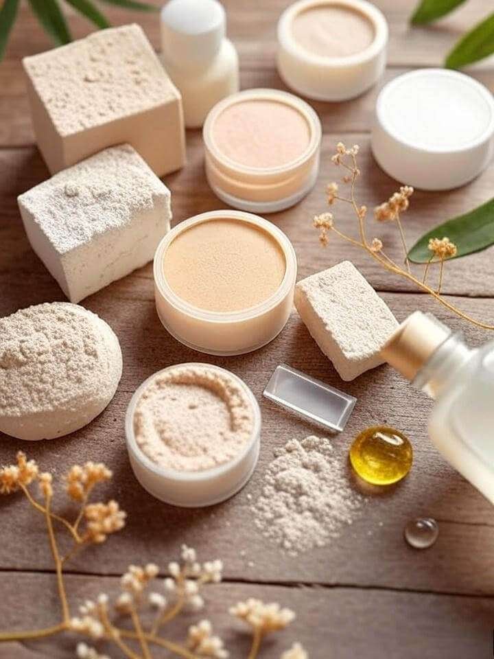 Flat lay of waterless beauty products like bars, powders, and oils on a wooden background with green leaves, dried flowers, and a water droplet, highlighting a sustainable, no-waste vibe.