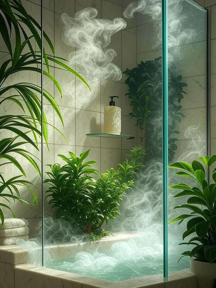 Cozy shower with a natural body wash bottle on a shelf, steam, green plants, glass shower, marble tiles in greens and creams for a spa-like feel.
