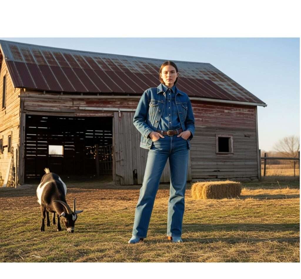 Denim Outfit and Goat by a Weathered Barn