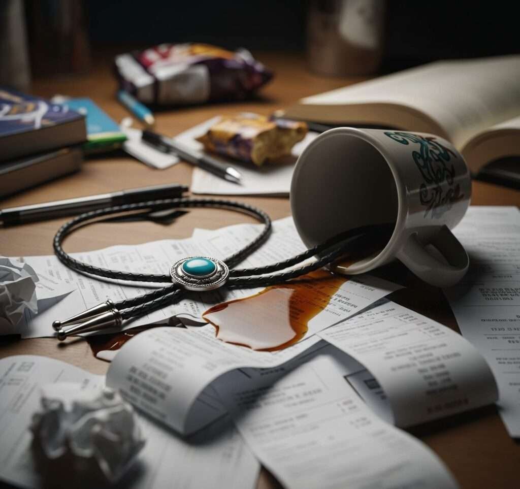 Bolo Tie on Desk with Spilled Coffee