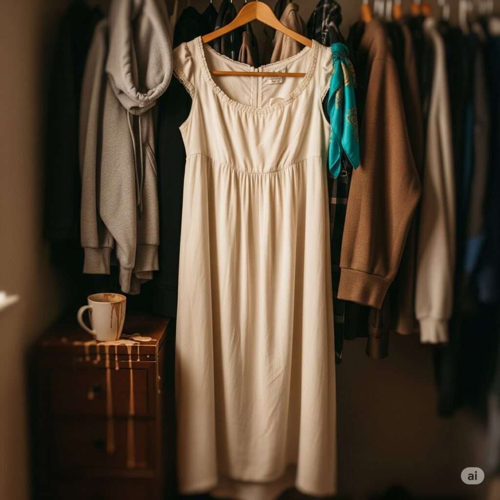 egency dress in cluttered closet with coffee mug.