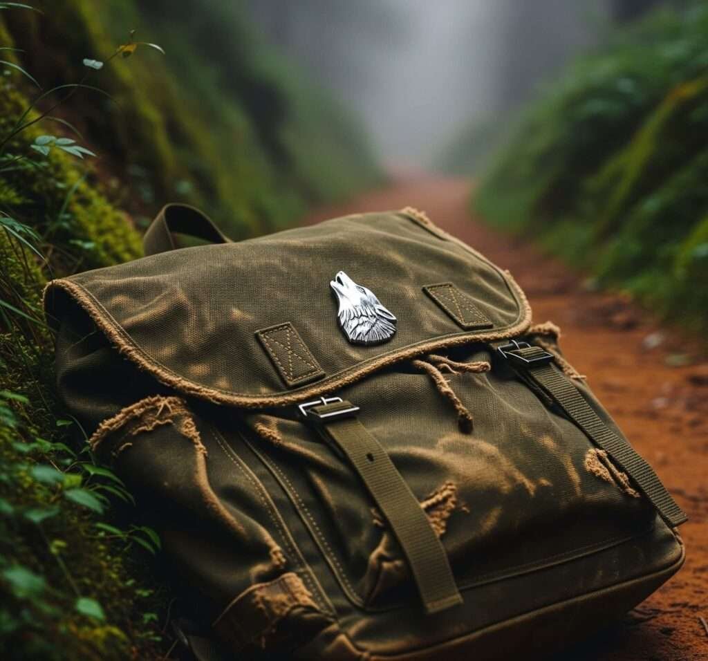 Worn backpack wolf pin trail