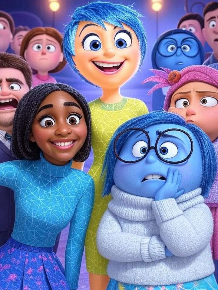 Inside Out 2 cast with Envy, Ennui, Embarrassment, and Joy in a vibrant Pixar style scene