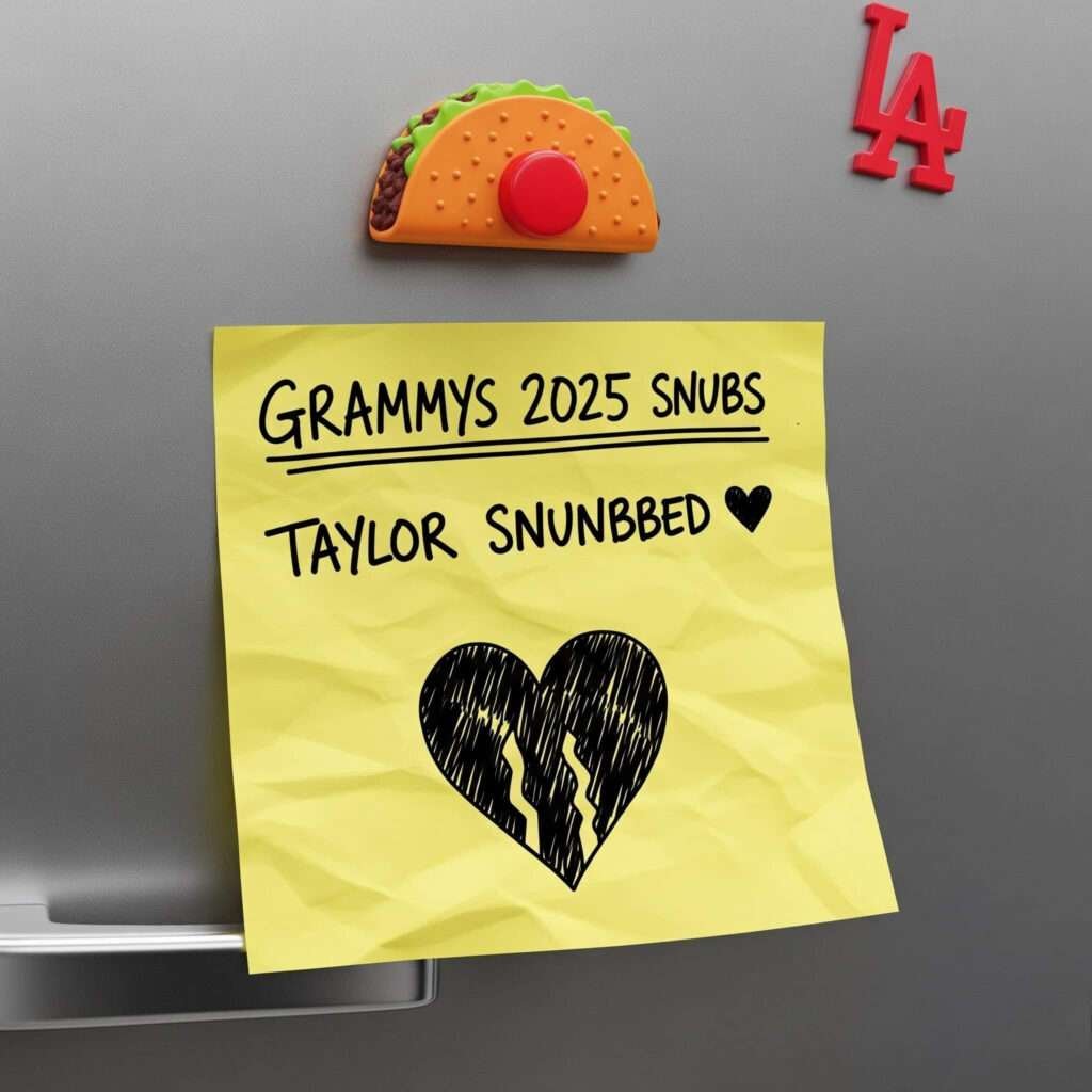 Handwritten GRAMMYs snub list on sticky
